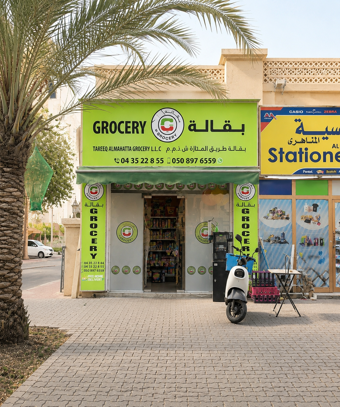 A baqala corner grocery storefront in the UAE during the day